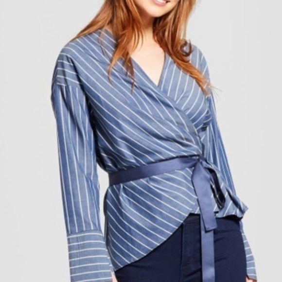 Who What Wear Tops - Who What Wear Pinstripe Wrap Around Blouse